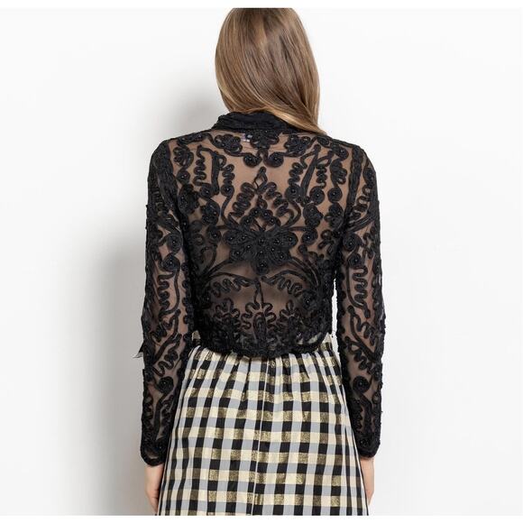 Vintage 90s CACHE Black Sheer Mesh Beaded Jacket Womens L Cropped Embellished - Picture 9 of 13